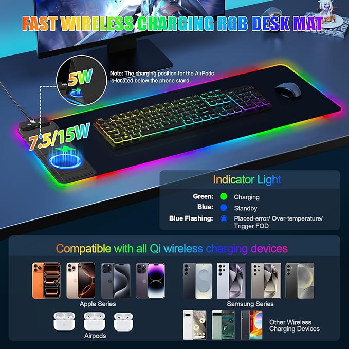 Mouse Pad with Foldable Phone Holder & Wireless Charger, XL RGB Gaming Mousepad 31.5"x11.8" Large Desk Mat for Keyboard, Home Desk Pad with Dual Qi Charging Station | 11 Colors & 5 Modes | Waterproof
