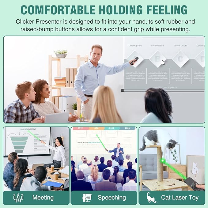 Presentation Clicker Green Laser Pointer with Air Mouse Function, Wireless Presenter Clicker RF 2.4GHz USB Presenter Control PowerPoint Presentation Clicker for Mac, Laptop, Computer