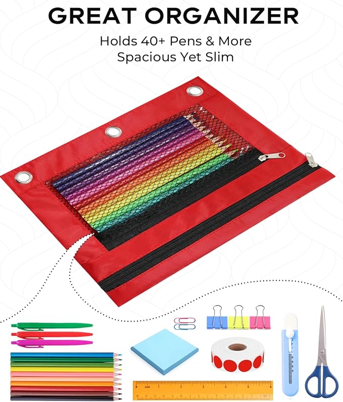 3 Ring Binder Pencil Pouch - School Pencil Case with 2 Zippered Pockets, Clear Mesh Window Pencil Bag, B5 Size, Back to School Gifts (Red)
