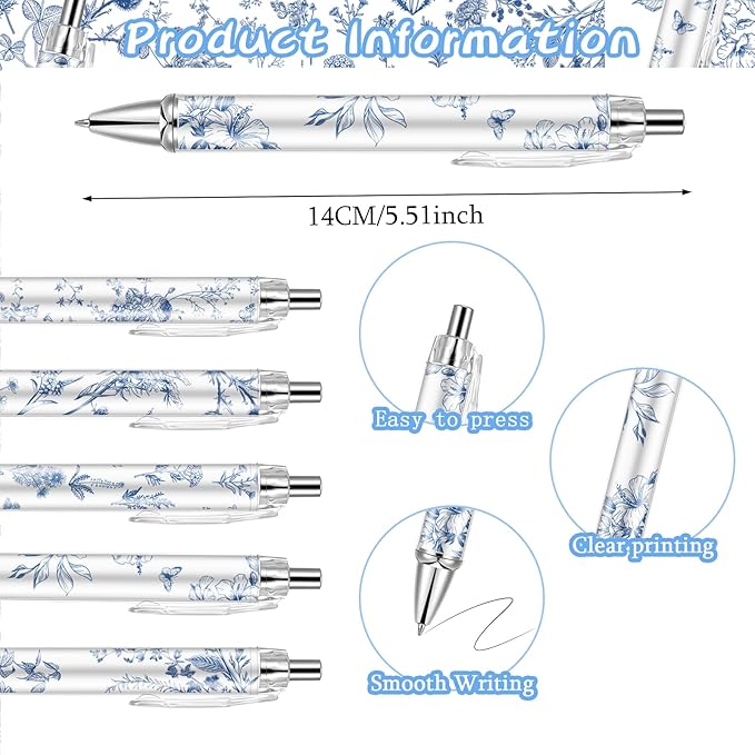 10PCS Blue and White Porcelain Pen 0.5mm Black Ink Fancy Pens Smooth Writing Retractable Ballpoint Pens for Journaling Aesthetic Office Supplies (BlueandWhitePorcelain, 10)