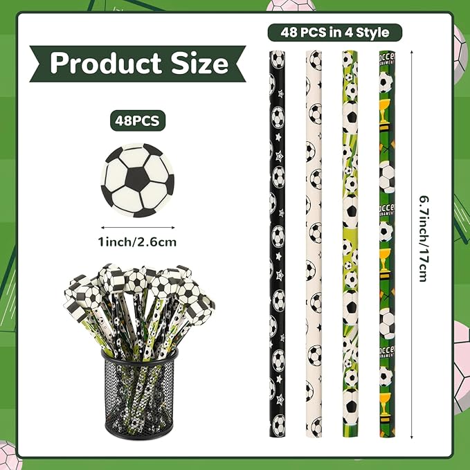 48 Pcs Soccer Pencils and Erasers for Sports Birthday Gifts Assortment Stationery Pencils for Students Office School Classroom Supplies