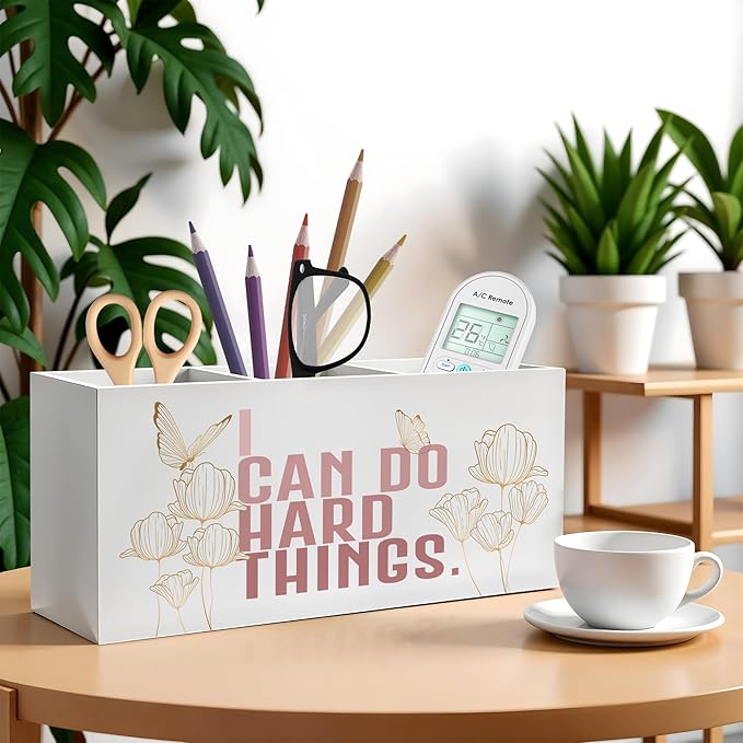 I Can Do Hard Things Pencil Pen Holder for Desk, Butterfly Floral Inspirational Wooden Pencil Holder Organizer for Home Office Desk Accessories, Encouragement Gifts for Women