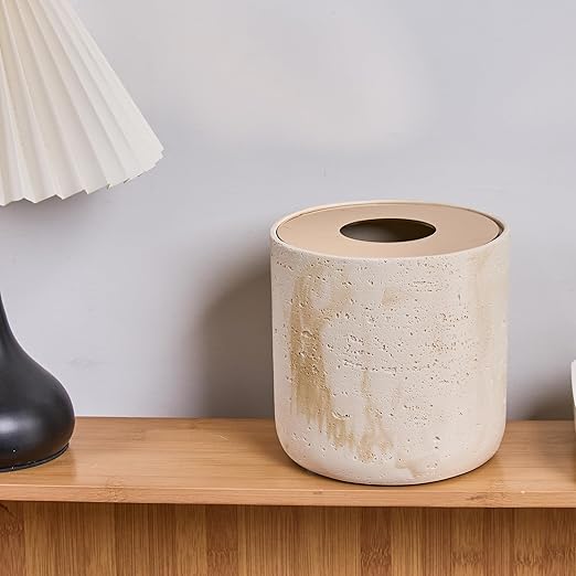 Natural Travertine Textures Mini Trash Can with Rose Gold Stainless Steel Lid, Mini Countertop Trash Can for Bathroom Kitchen, Desk or Table top Mini Garbage Can, Resin Tiny Waste Basket for Vanity