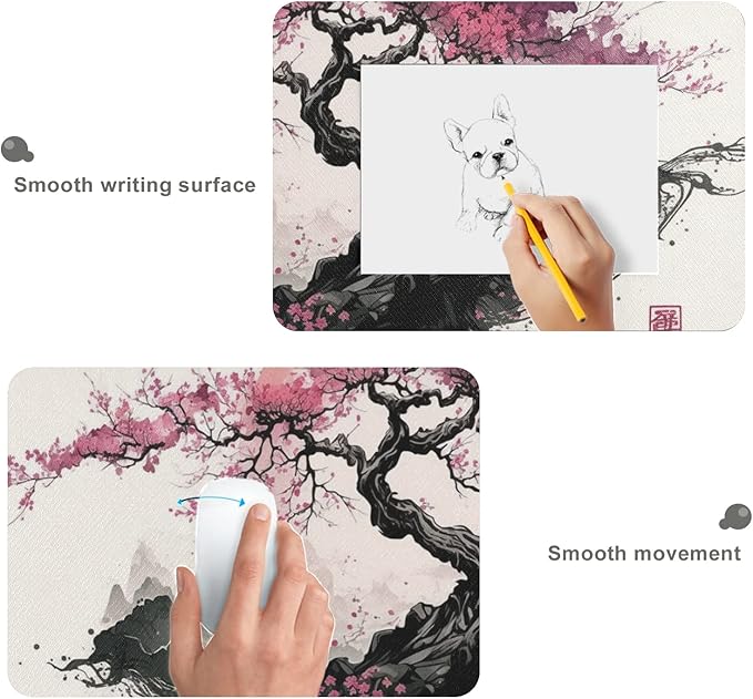 Japanese Art Style XL Mouse Pad - Non-Slip Mouse Pad Protector with Cherry Blossom Sakura Ink Design for Gaming and Work