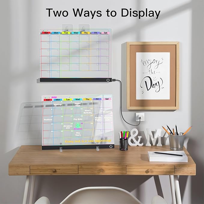 Acrylic Dry Erase Board Calendar with Light, 13.7"X10" LED Note Board with 6-Color Neon Glow Memo Monthly Planning Board for Gift/Room/Office/Wall with Stand, 7 Markers, Black