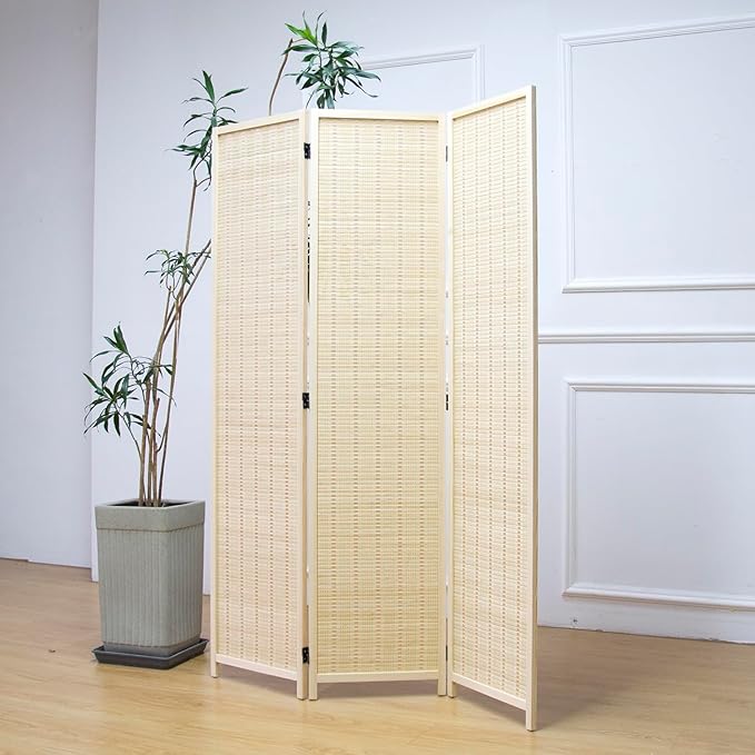 3 Panel Room Divider and Folding Panel Screen,Bamboo Panel Divider Screen for Room Separation,Beige,67" H x 46" W