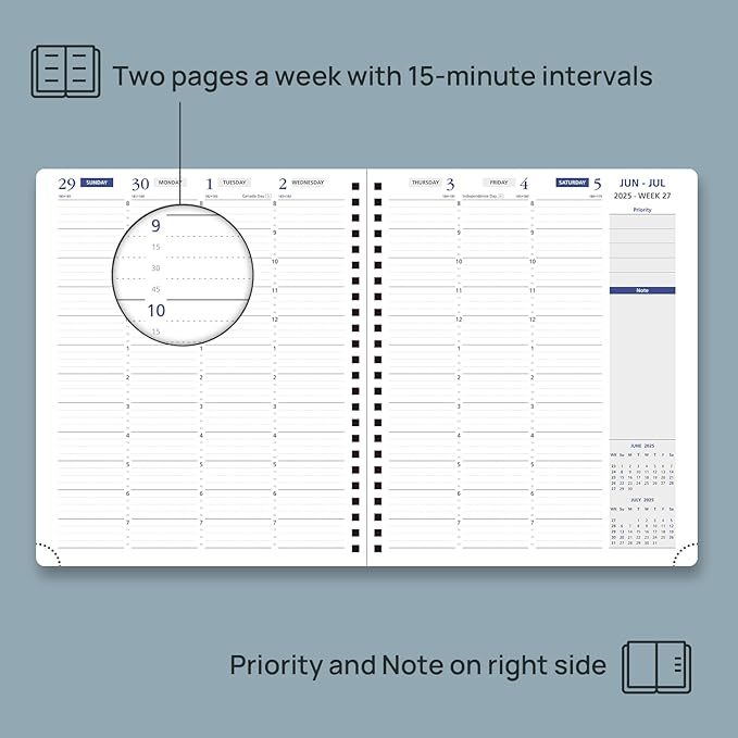 POPRUN 2025-2026 Weekly Planner 7.25'' x 8.25''Academic Spiral Appointment Book (July 2025-June 2026) with Quarter-Hourly Schedule, Monthly Tabs, Leather Softcover, Inner Pocket - Cornflower