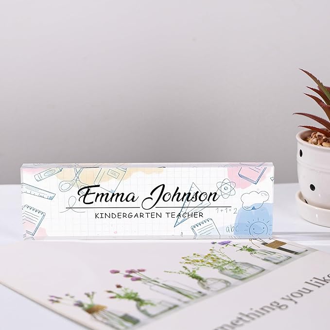 Custom Name Plate for Desk, Personalized Acrylic Office Name Sign with Name & Title, Elegant Desk Decor for Women Men, Employee Appreciation Gift (Teacher-1)