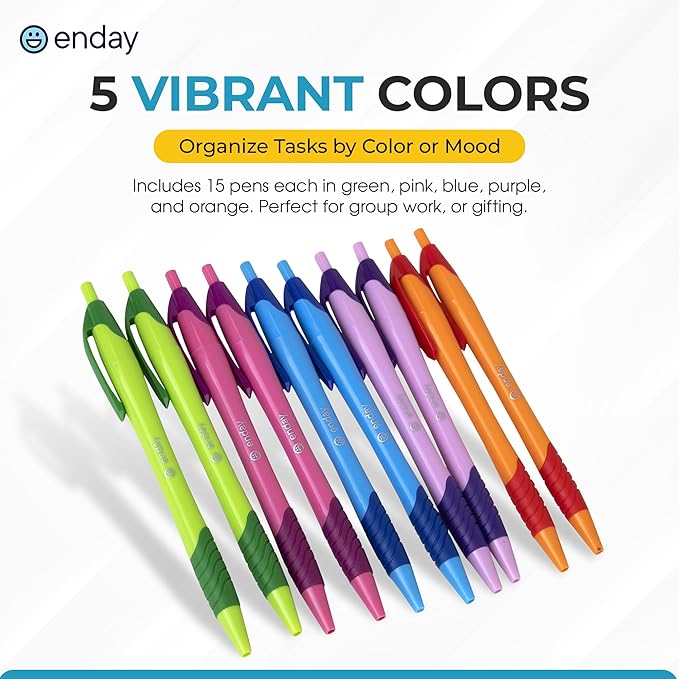 Enday Pens Bulk (75 Pack), Retractable Ball Point Pens Black Ink, Medium Point (1.0mm), Comfortable Grip, Smooth Writing Pens for School & Office