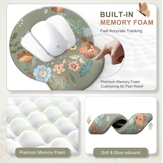 Desk Pad Mat Green, Wrist Rest Support for Mouse Pad&Keyboard Set, Scalloped Vanity mat Protector for Makeup, Cute Floral Nail Mat, Aesthetic Desk Protector for Women's Office Home, Dorm