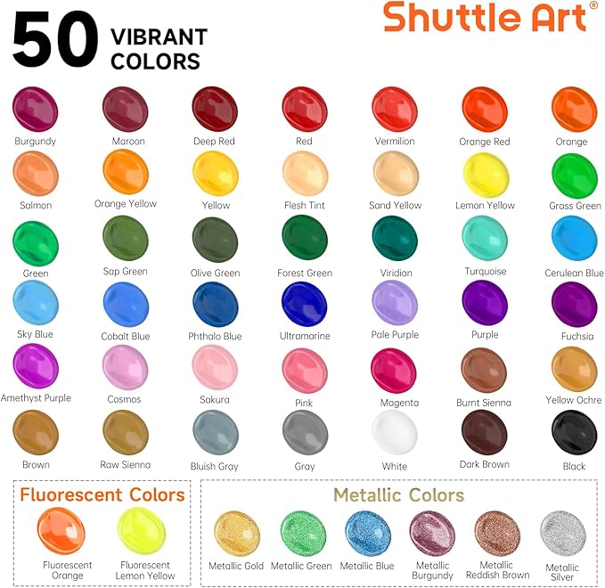 Shuttle Art Acrylic Paint, 50 Colors Acrylic Paint Set, 2oz/60ml Bottles, Rich Pigments, Water Proof, Premium for Artists, Beginners and Kids on Canvas Rocks Wood Ceramic Fabric