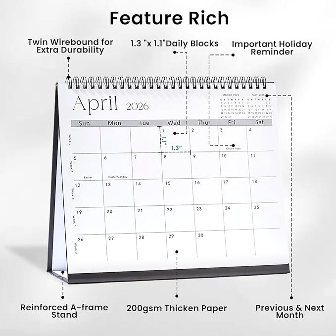 Desk Calendar 2025-2026,July 2025 to Dec 2026 18 Months Standing Flip Desk Calendar with Stickers,10" x 8" Desktop Calendar for Home Office School,Black