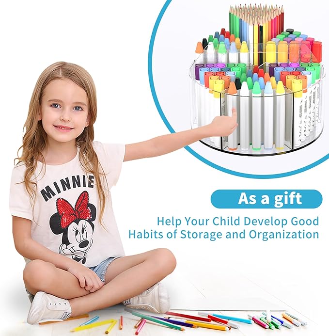 Rotating Art Supply Organizer 2 Pcs - Clear Marker & Colored Pencil Organizer with Acrylic Lazy Susan Desktop Holder