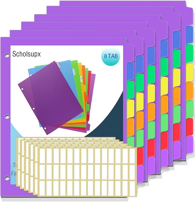 Binder Dividers for 3 Ring Binder, 8 Tab Set, Durable Plastic Tabs with Tabs, Customizable with 42 Labels, Assorted Colors for Office, School, Letter Size