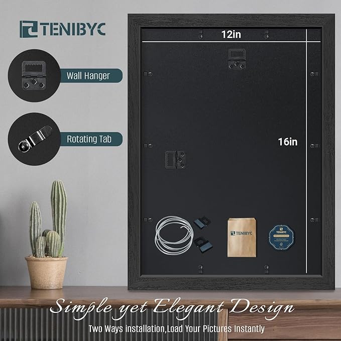 12x16 Picture Frames Set - 3 Pack - Black Solid Wood Poster Frame - Tempered Glass - Exclusive Woodgrain - Rooms, Offices, Gallery, Studio, and Hallway, Wall Display Decor