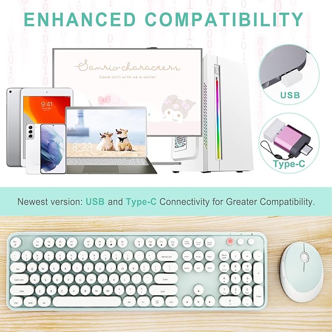 Wireless Keyboard and Mouse Combo, Ergonomic Full Size Typewriter Retro Round Keycaps Keyboard, Compatible with Windows, PC, Perfer for Home and Office Keyboards（Green）