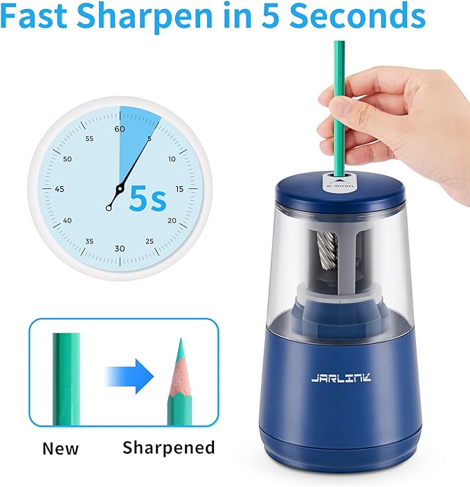 JARLINK Electric Pencil Sharpener, Heavy-Duty Helical Blade to Fast Sharpen, Auto Stop for No.2/Colored Pencils(6-8mm), AC Adapter/Battery Operated in School Classroom/Office/Home (Blue)