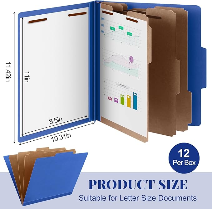 Skyygemm 12 Pcs Classification Folders Letter Size, 3 Divider Pressboard File Folder with Fasteners, Expanding File Organizer Bulk for Teachers, Clergy, Office, Church, Christmas Donations (Dark Blue)