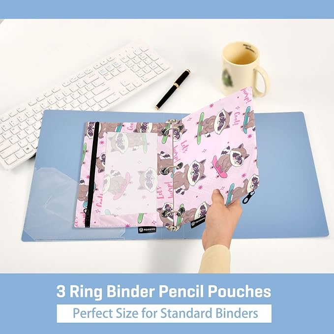 ZAZYXTJ Raccoon Binder Pencil Pouchs 3 Ring with Zipper Clear Window Office Organizers bag for School Students Teacher Supplies 2 Pack