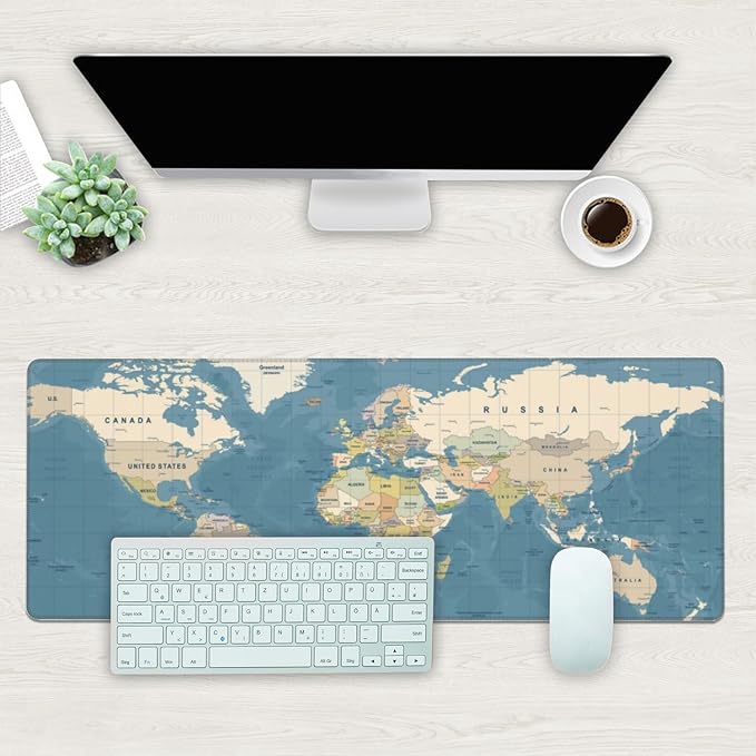 Desk Mat, Blue Vintage World Map Extended Gaming Mouse Pad Large, 31.5"x11.8" Big Mouse Pad with Non-Slip Base and Stitched Edge, Long Computer Keyboard Mouse Mat for Home Office Work