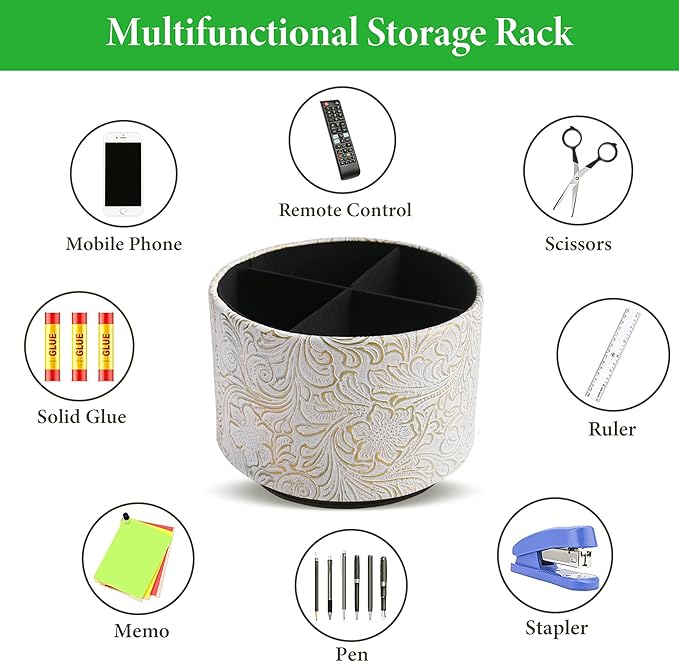 lizimandu Round Leather Art Supply Organizer,Remote Control Holder,360 Degree Spinning,Multi-Functional Pencil Holder,4 Compartments Desktop Stationary Organizer(1-Carved White Gold)