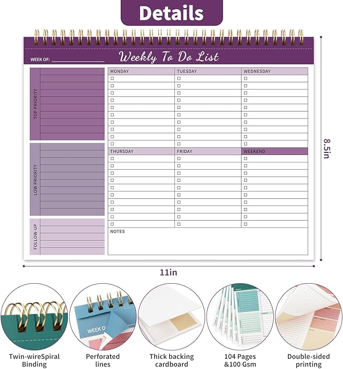 Weekly To Do List Notepad, 52 Undated Sheets （8.5"×11") Duplex-Printed Weekly Desk Planner For Work Home School Office Desk Accessories Supplies & Goal Setting Tasks - Purple