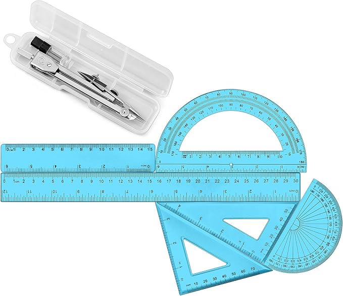 Zonon 1 Set Plastic Geometry Math Set Includes Drawing Compass, 6 Inch 4 Inch Protractor, 45/60 Degree Triangle Rulers 12 Inch 6 Inch Math Ruler Transparent for Office Supplies(Blue)