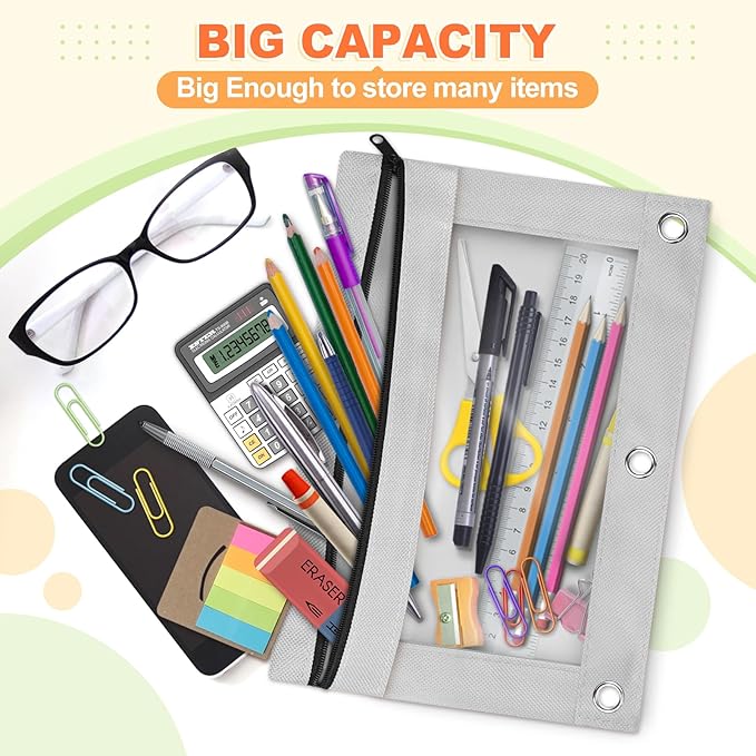 Shemira Pencil Pouch for 3 Ring Binder, Binder Pencil Pouch with Smooth Zipper, Clear Window Pencil Case for Binder, Zipper Pencil Pouches, Big Capacity 3 Ring Binder Pencil Bag, Grey