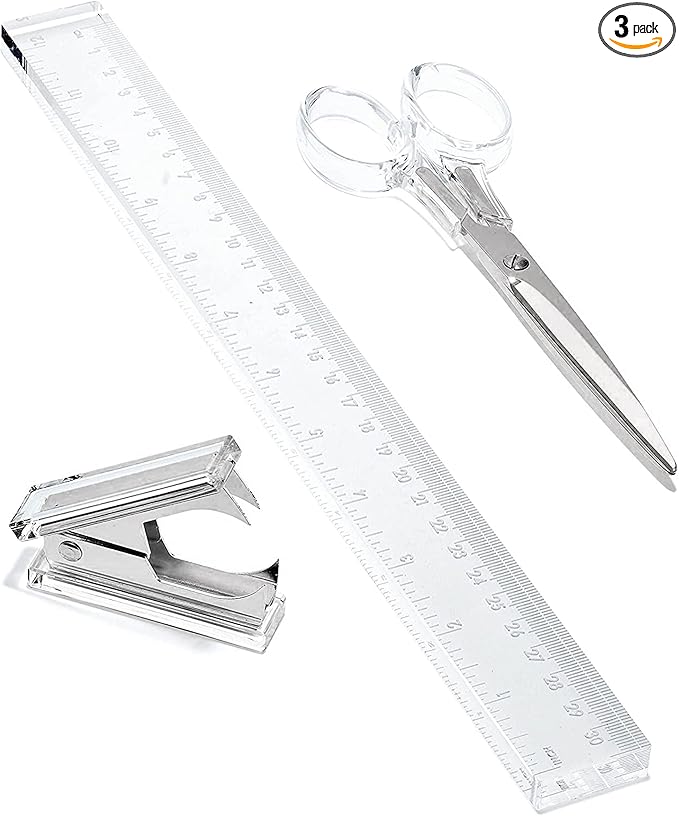 OfficeGoods 3 Piece Acrylic Desk Set - Includes Ruler, Staple Remover, Scissors - Functional & Elegant Desk Accessories - Stationary Tools for Home, Office, and School - Silver