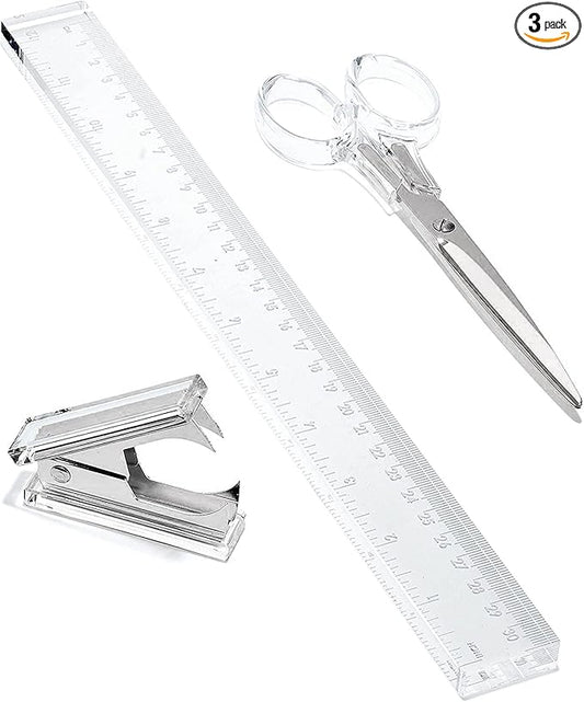 OfficeGoods 3 Piece Acrylic Desk Set - Includes Ruler, Staple Remover, Scissors - Functional & Elegant Desk Accessories - Stationary Tools for Home, Office, and School - Silver