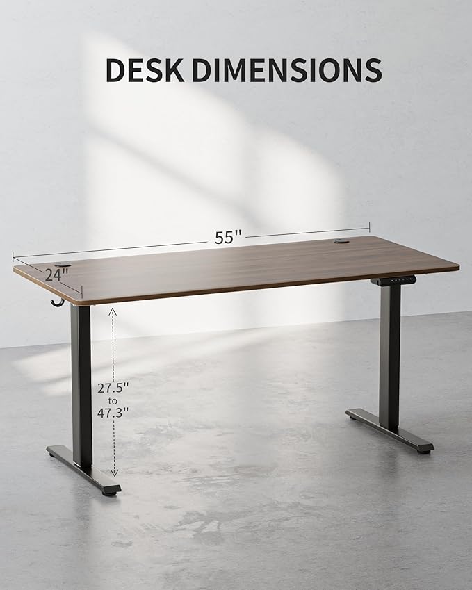 FEZIBO One-Piece Standing Desk Adjustable Height Stand up Home Office Desk, 55x24 Inch Electric Standing Computer Desk, with 4 Memory Presets, Fixable casters, Black Walnut
