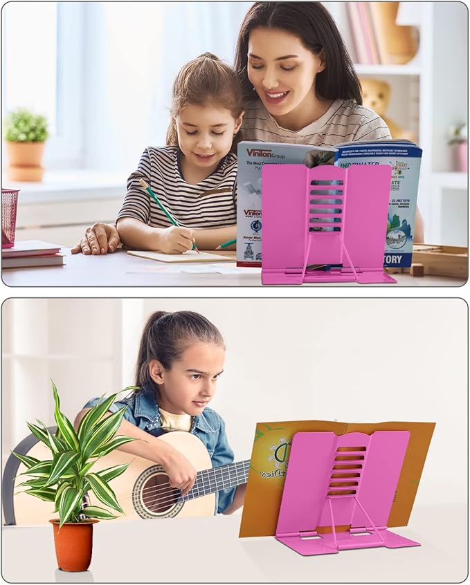 MSDADA Desk Book Stand Metal Reading Rest Book Holder Adjustable Cookbook Documents Holder Bookstands for Recipes Textbooks Tablet Music Books Birthday Gifts for Over 3 Years Old Boys Girls (Rose Red)