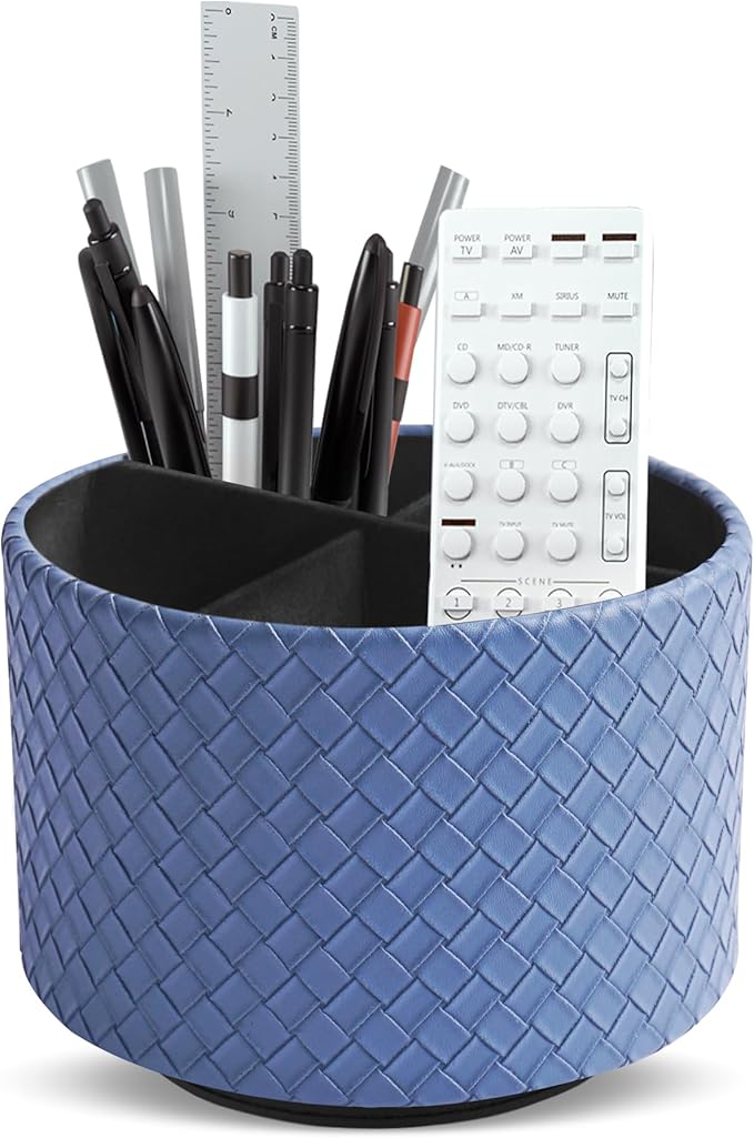 Hennaja Round Leather Art Supply Organizer,Remote Control Holder,360 Degree Spinning,Multi-Functional Pencil Holder,4 Compartments Desktop Stationary Organizer(1-Weave Blue)