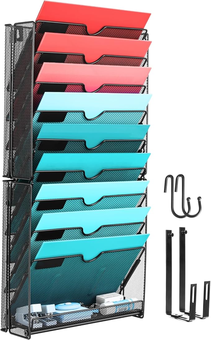 GALASALA Wall File Organizer, 10 Pockets Mesh Hanging File Organizer, Wall Mount File Holder With Hooks, Wall Organizer Magazine Rack for Office Supplies, Black