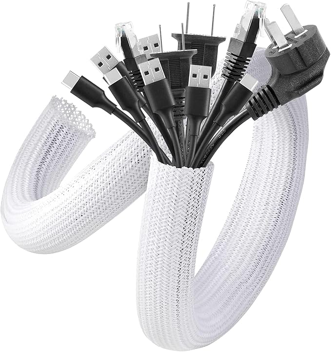 AGPTEK Cable Sleeve Cover, 2Pack 5ft - 1.8 inch Desk Cord Organizer Cable Hider, Home Office Wire Management Computer TV Wire Loom Tubing, Pet Proof Cord Protector, from Cat Dog Chewing, White