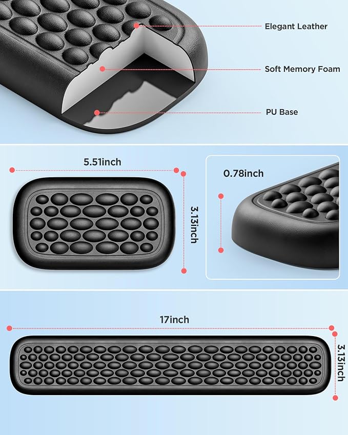 Lekvey Ergonomic Keyboard Wrist Rest - Memory Foam with Massage Points & Waterproof PU Leather Wrist Pad, Carpal Tunnel Support for Office Computer/Gaming, Typing Pain Relief, Easy-Clean（Black）