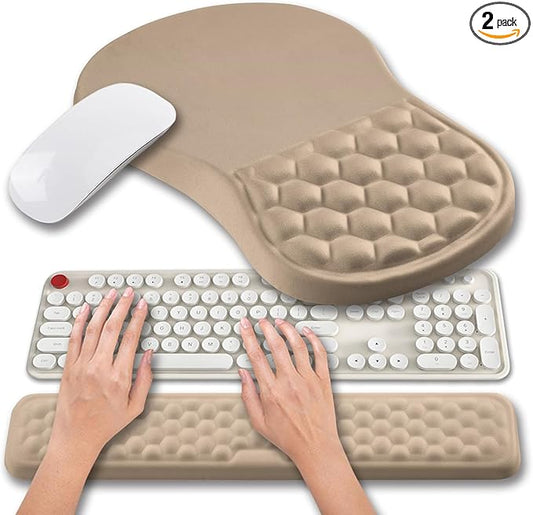 Hokafenle 2 in 1 Ergonomic Mouse Pad Wrist Support & Wrist Rest for Computer Keyboard Set, with Relieve Carpal Tunnel Pain Massage Bulge and Full Memory Gel Design (2In1 Set, Sand Color)