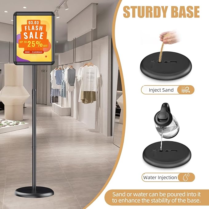 Sign Holder Stand 8.5x11 inch, Adjustable Floor Sign Stand for Display with Snap-Open Frame, Portable Standing Sign Holder for Business Retail Events, Black