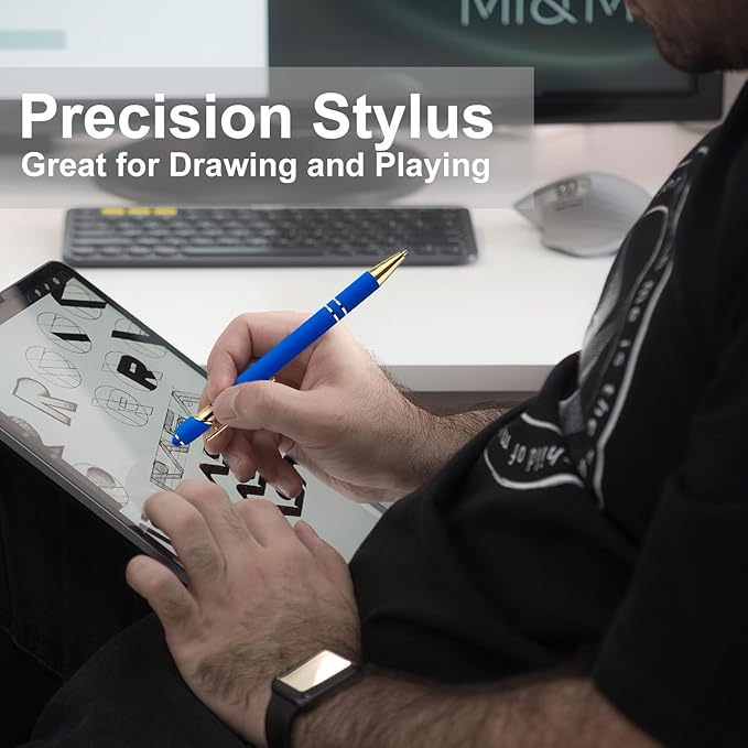 LINFANC 12 Pack Blue Gold Ballpoint Pen with Stylus Tip, 1.0 mm Black Ink Smooth Writing Pens, Metal Stylus Pens for Touch Screens