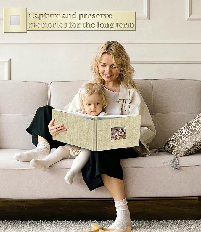 Photo Album Self Adhesive Scrapbook Album for 3x5 4x6 5x7 8x10 Pictures,40 Pages Linen Cover with Display Window DIY Photo Book,Ideal Gifts for Family Travel Wedding Baby