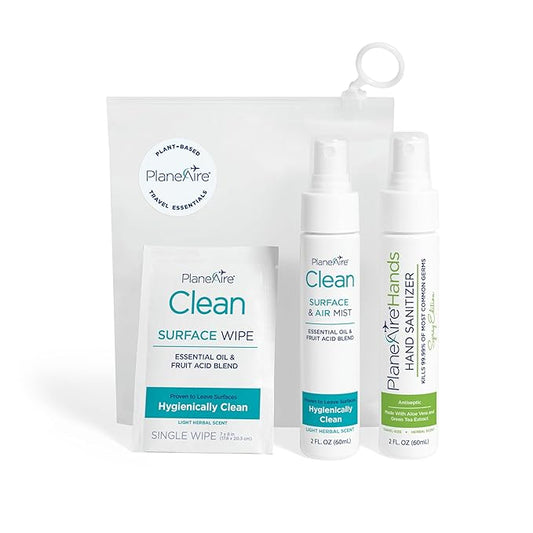 Travel Essentials | Hygiene Kit | Travel Toiletry Kit | Travel Size | Spray Hand Sanitizer Herbal Scent | Surface Wipes | Individual Travel Wipe | Surface Cleaner & Air Mist | With Essential Oils