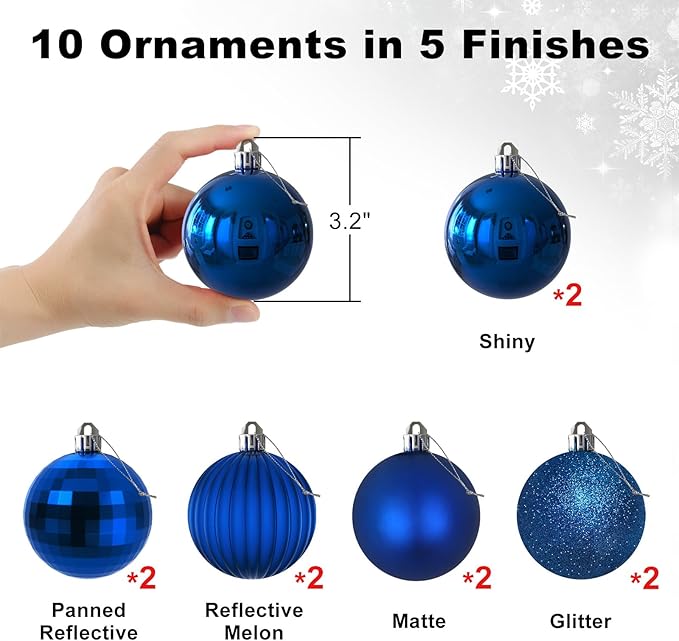 Royal Blue 3.2" Large Christmas Balls - Christmas Tree Decoration Ornaments Shatterproof Hanging Balls for Birthday Halloween Holiday Wedding Decorations Set of 10pcs
