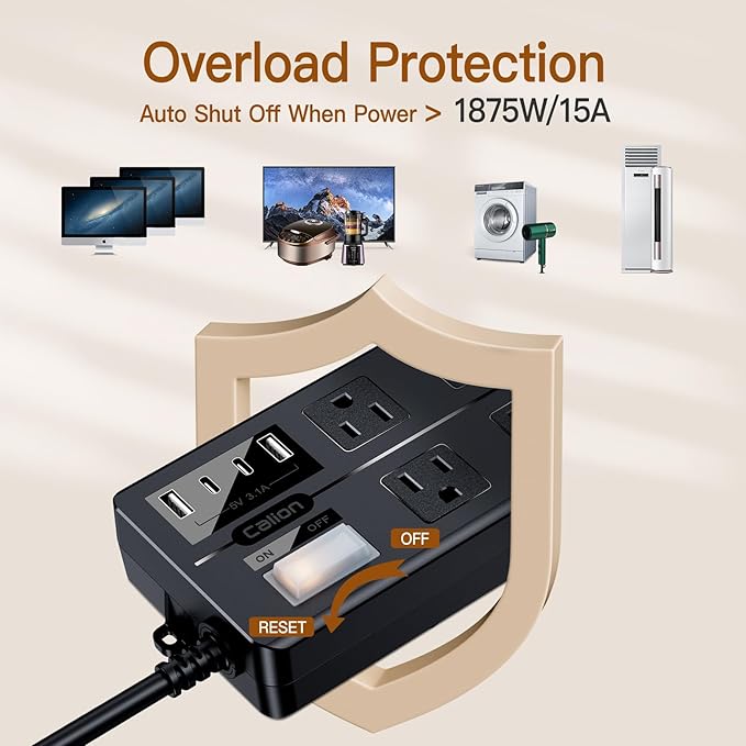 Outdoor Power Strip Weatherproof,Waterproof Surge Protector with 4 USB Ports and 6 Outlets,15 FT Extension Cord with Flat Plug,Shockproof Overload Protection, Wall Outlet for Home Office Porch Patio