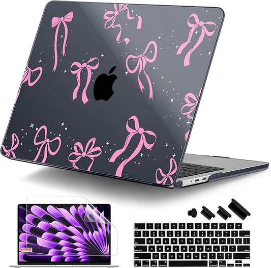 DONGKE Compatible with M4 MacBook Air 15 inch Case 2025 2024 2023 A3241 A3114 A2941 M3 M2 Liquid Retina Display Touch ID, Plastic Hard Case & Keyboard Skin & Screen Protector - Bows & Stars