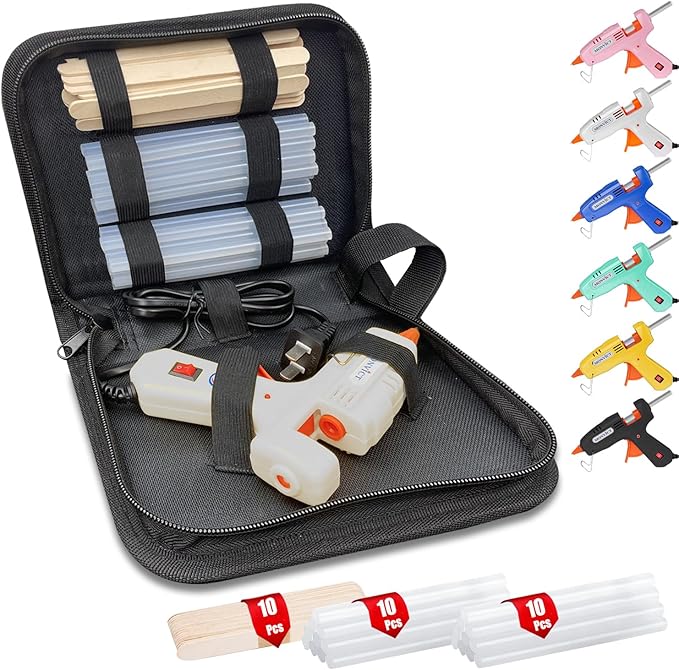 MONVICT Hot Glue Gun Kit, Mini Glue Gun with Carrying Case,20 Pcs Premium Glue Sticks, 10 Pcs Wood Craft sticks, Fast Preheating Hot Melt Glue Gun for School Crafts DIY Arts Gift (White, 30Watts)