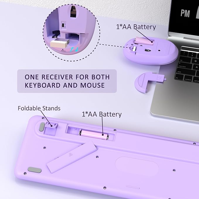 Colorful Wireless Keyboard and Mouse Combo, COVEVA 2.4GHz Wireless Retro Cute Round Keycaps Keyboard, 104 Keys Full-Sized Keyboard Mouse Set with Switch Button for PC Laptop Desktop (Purple Colorful)