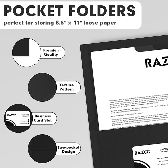 Two Pocket Folders, RAZCC 50 Pack 2 Pocket Folders Fit Letter Size Paper, Paper Folders with Pockets for School Office Business Home, Black