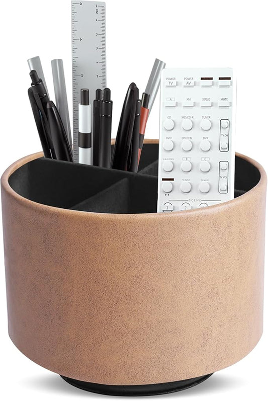 Hennaja Round Leather Art Supply Organizer,Remote Control Holder,360 Degree Spinning,Multi-Functional Pencil Holder,4 Compartments Desktop Stationary Organizer(1-Oil Yellow)