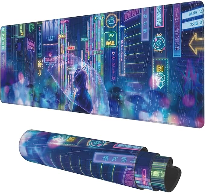 Desk Mat, Neon City Rainy Night Extended Gaming Mouse Pad Large, 31.5"x11.8" Big Mouse Pad with Non-Slip Base and Stitched Edge, Long Computer Keyboard Mouse Mat for Home Office Work
