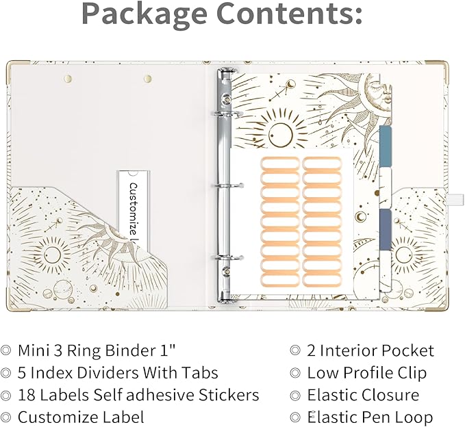 Ospelelf Mini 3 Ring Binder 1 Inch, Cute Binder for 5.5" x 8.5" with 5 Tab Dividers, File Folder Labels and Low Profile Clipboards, Tarot Cards Binder for School Supplies and Office Supplies